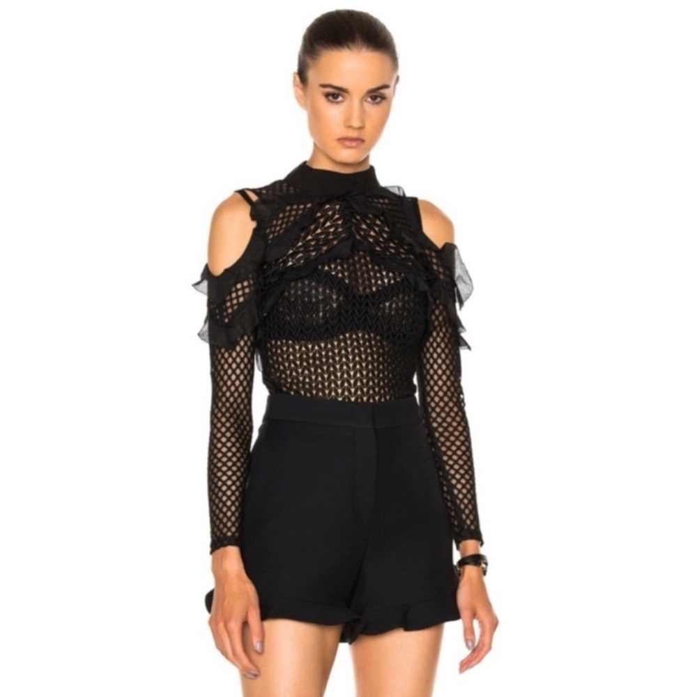 Self Portrait Purl Knit Long Sleeve Black Top Sheer Mesh Sleeve